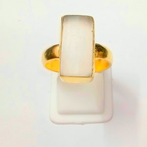 Gold Plated Rectangular Selenite Ring | Bold White Gemstone Ring | Statement Cocktail Ring | Handmade Adjustable Jewelry Gift