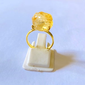 Gold Plated Raw Citrine Ring | Bold Geometric Gemstone Ring | Handmade Adjustable Jewelry | Natural Yellow Crystal Gift for Her