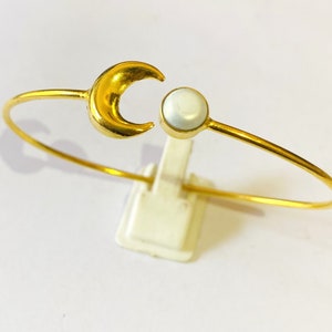 Handmade Gold Moon Cuff Bracelet – Pearl Style Stone – Spiritual Celestial Jewelry – Gift for Women – Moon Lover Gift - Adjustable Bracelet