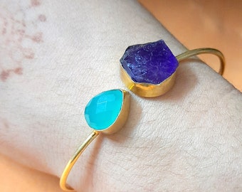 Bracelet En Pierres Fines Calcédoine Et Améthyste - Plaqué Or 18 Carats, Neuf Avec étiquettes