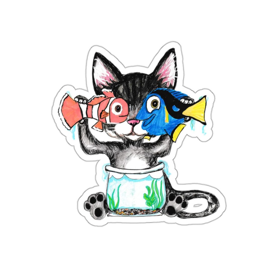 Black Cat Fishbowl Sticker | Cute Ocean Cat Illustration With Clownfish ...