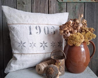 RARO! Grande federa realizzata in tela di iuta antica tessuta a mano con l'iscrizione originale del contadino... cuscino rustico da contadino