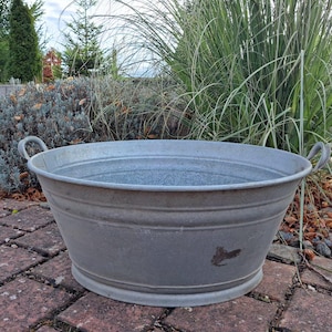Può includere: Una vasca in metallo zincato con due manici curvi. La vasca ha una forma ovale ampia e un design leggermente affusolato. È appoggiata su una superficie di mattoni, con vegetazione sullo sfondo.