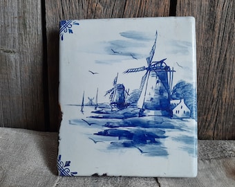 RARE ! antique TILE*stove tile with DELFT windmill decor*Delft tile ... enamelled tile