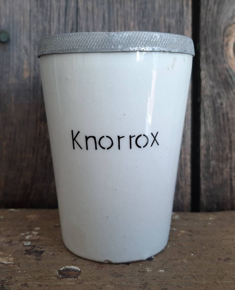 RARE antique KNORROX STORAGE VESSEL for stirring beef broth made of porcelain / iron stone image 3