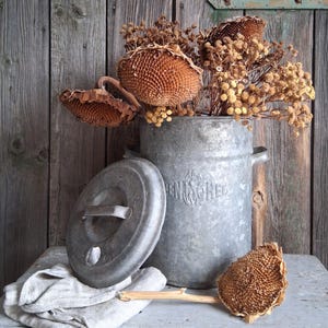 Op de afbeelding: Een gegalvaniseerde metalen melkbus met een afneembaar deksel, voorzien van een gestempeld logo op de voorzijde. De bus is gevuld met gedroogde bruine zonnebloemen en kleine gele wilde bloemen, met één extra zonnebloem op het oppervlak.