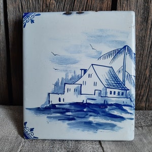 RARE ! antique TILE*stove tile with DELFT windmill decor*Delft tile ... enamelled tile