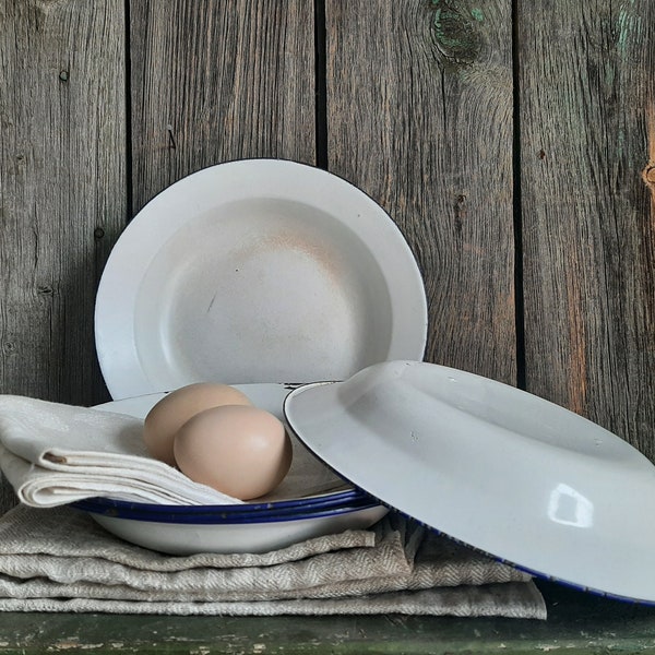 5 antique enameled farmer's plates*plates*dinner plates*soup plates*kitchen plates*enamel plates...antique enamel crockery*kitchen crockery