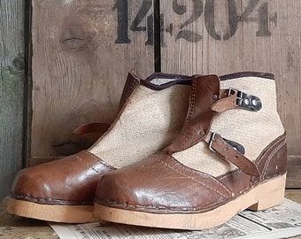 rare! antique leather*linen shoes with wooden soles*antique farmer boots with wooden soles*antique primitive roughout boots*vintage utility boat