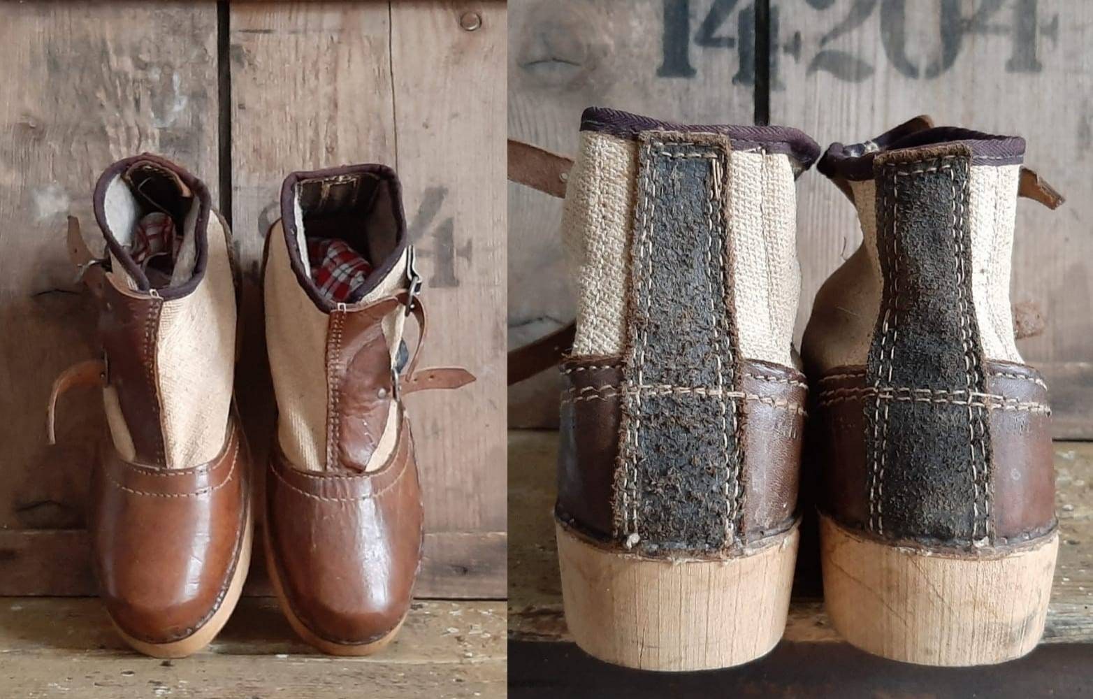 Rare! Antique Leather*linen Shoes With Wooden Soles*antique Rare! Antique Leather*linen Shoes With Wooden Soles*antique