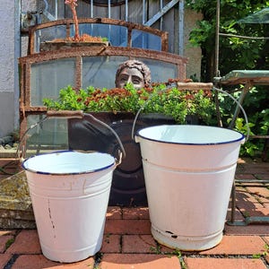 TWO*2 antique white buckets*water buckets*kitchen buckets*enamel buckets*farm buckets...antique kitchen utensils*antique kitchen & farmhouse decor