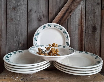 .RAR! 10 antique stoneware plates : 5 DINNER PLATES + 5 SOUP PLATES*Kitchen plate*Farmer's plate*Decorative plate... antique tableware