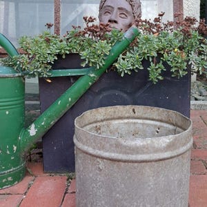 May include: A garden scene with a green watering can, a weathered metal bucket, and a black planter box filled with plants. A sculpture of a head is visible. The background includes a rusty window frame and red brick paving.