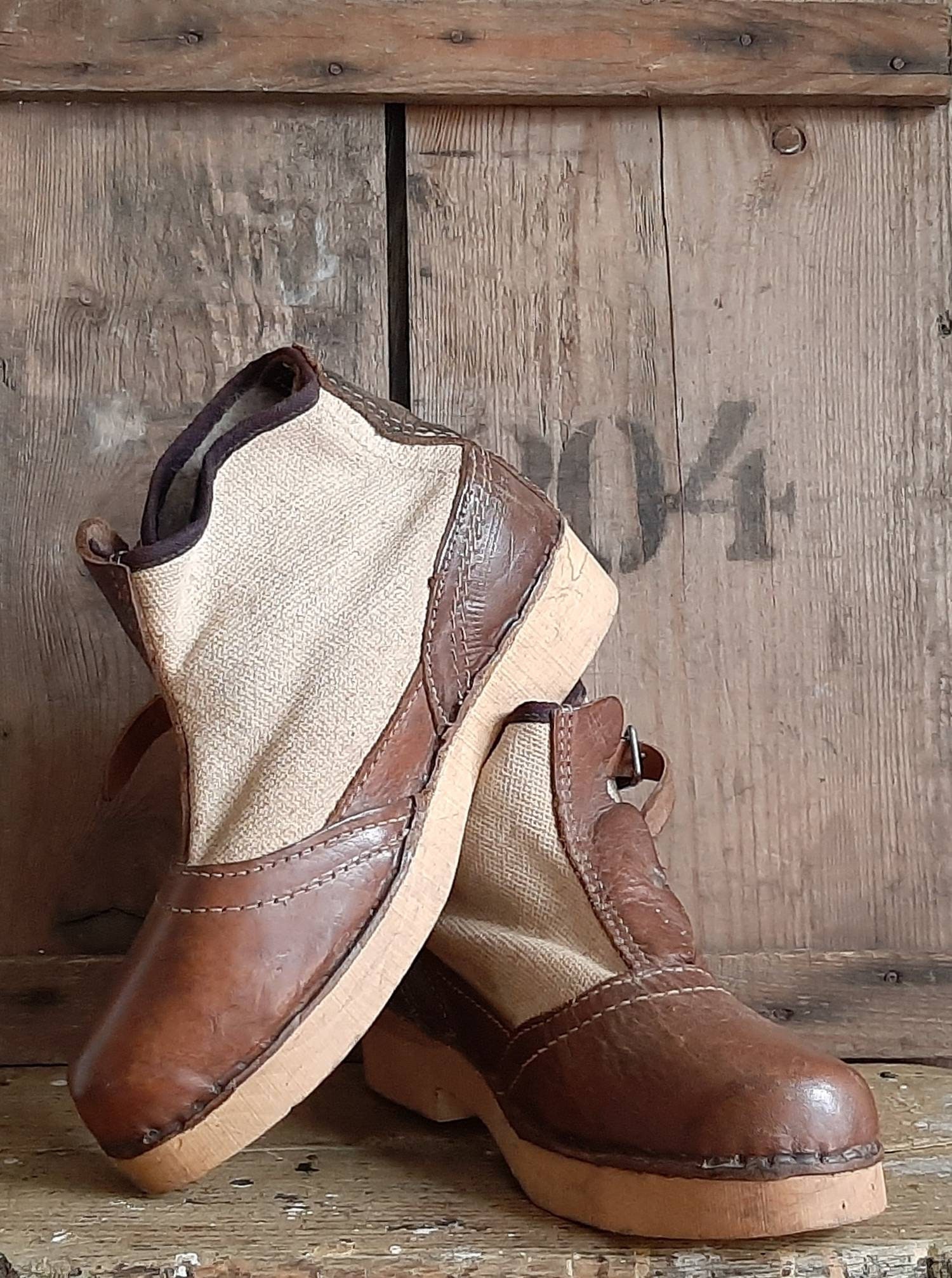 Rare! Antique Leather*linen Shoes With Wooden Soles*antique Rare! Antique Leather*linen Shoes With Wooden Soles*antique