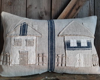 RARE! HOUSSE DE COUSSIN faite de toile de jute de grain tissée à la main antique*sac de linge... bel oreiller de linge*Oreiller de ferme*oreiller vintage*oreiller de ferme