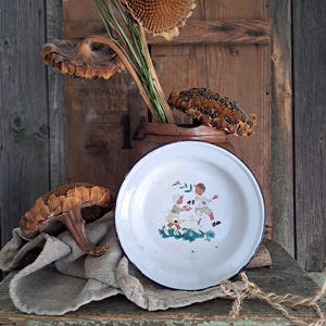 RARE! Antique enameled children&#39;s plate*dining tableware for children*enamel dinner plate*soup plate...antique children&#39;s tableware