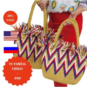 May include: Two crocheted straw bags with red, white, and blue zig-zag patterns and fringe trim. The bags have a 50% sale tag and a tutorial video and PDF.