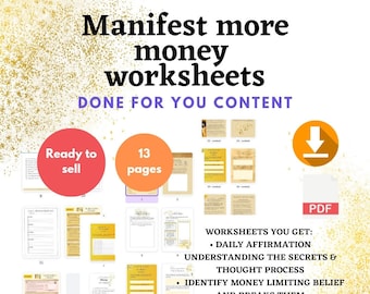 May include: A digital download of 13 printable worksheets to help manifest more money. The worksheets include daily affirmations, understanding the secrets and thought process, identifying money limiting beliefs and breaking them, and getting into the habits of positive affirmations and visualizing. The download is available in PDF format.