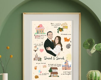 Couple story illustration, Couple journey, milestones,  custom illustration, wedding gift, invite, relationship timeline, anniversary gift,