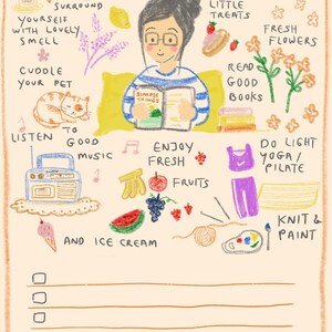 May include: A colorful illustration with a checklist of self-care activities, including watching comedy, reading books, enjoying fresh fruits, doing yoga, knitting, and painting. The illustration features a woman reading a book, a cat napping, and a cup of tea.