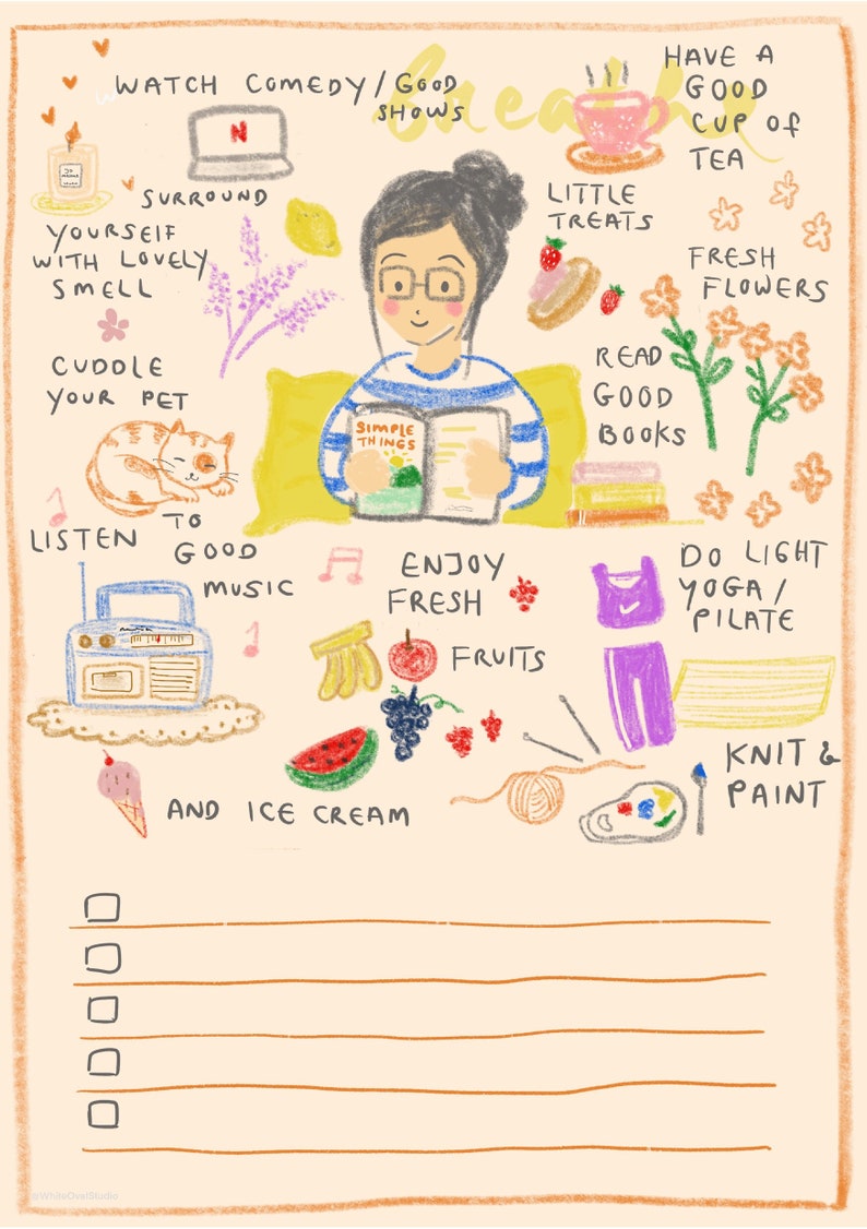 May include: A colorful illustration with a checklist of self-care activities, including watching comedy, reading books, enjoying fresh fruits, doing yoga, knitting, and painting. The illustration features a woman reading a book, a cat napping, and a cup of tea.