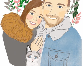 Puede incluir: Una pareja posa para un retrato con su gato. La mujer lleva una chaqueta gris con un cuello de piel marrón. El hombre lleva una chaqueta vaquera azul con un forro polar blanco. El gato es blanco con marcas grises y ojos azules.