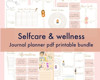 Selfcare wellness journal, wellbeing planner, Anxiety journal, Habit tracker. Goals. Bullet journaling. Daily Monthly planner. Pdf printable