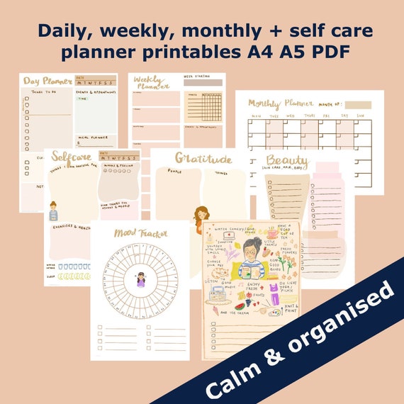 Daily planner weekly planner monthly planner, selfcare journal, wellbeing planner wellness, printable A4 A5 anxiety colour block starter