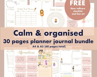 Calm and organised, manifest, selfcare journal, wellness wellbeing journal, gratitude, daily weekly planner, mood habit tracker, selfcare
