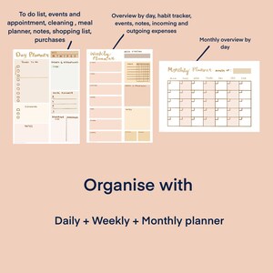 May include: A printable planner with three sections: a daily planner, a weekly planner, and a monthly planner. The daily planner has sections for tasks, appointments, meal planning, cleaning, and shopping. The weekly planner has sections for notes, habits, and expenses. The monthly planner is a grid with days of the week labeled. The text "Organise with Daily + Weekly + Monthly planner" is at the bottom of the image.
