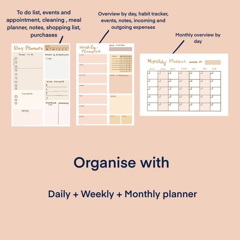 May include: A printable planner with three sections: a daily planner, a weekly planner, and a monthly planner. The daily planner has sections for tasks, appointments, meal planning, cleaning, and shopping. The weekly planner has sections for notes, habits, and expenses. The monthly planner is a grid with days of the week labeled. The text "Organise with Daily + Weekly + Monthly planner" is at the bottom of the image.
