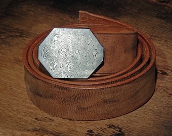 Elegant leather belt with buckle made of Damascus steel, damask, belt, 100% handmade