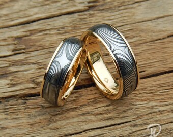 Handmade Damascus steel and gold wedding rings, gold rings, damask rings, wedding rings, wedding rings