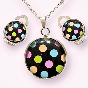 Schmuckset Glascabochon „Punkte“ bestehend aus Halskette mit Anhänger und Ohrringen S002