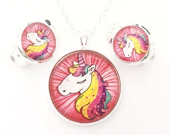 Unicorn jewelry set 925 silver cabochon glass consisting of necklace + earrings (ear clips or studs)