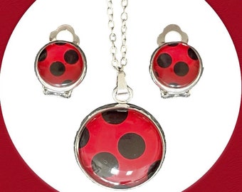 Jewelery set ladybug necklace and ear clips