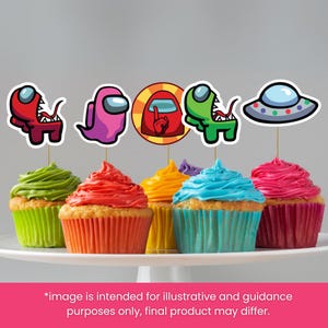 May include: Six cupcakes decorated with colorful frosting and topped with cardboard cutouts of characters from the popular video game Among Us. The characters include a red, a pink, a green, and a blue crewmate, a red imposter, and a spaceship.