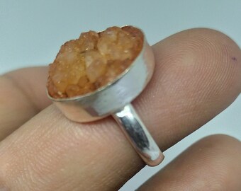 Anello con pietra, regalo di nozze, regalo, anello con druse di quarzo solare naturale, anello con gemma drusa, anello unisex, anello curativo, gioielli placcati in argento 925, US-6.25