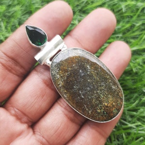 MOSS AGATE pendant,  Peridot pendant, gemstone pendant, handmade plated jewelry pendant 2.3&quot;, fashion pendant, christmas gift,gift for him