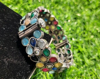 Indian Antique Kada,Gift For Her, CZ Zirconia Silver Tone Multi Color Elegant Ethnic Bangle Jewelry Women, Multi-Stone Studded Link Bracelet