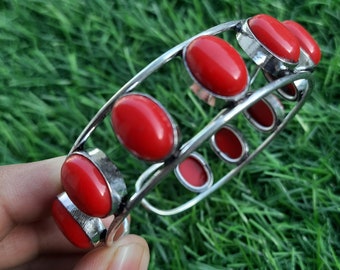 化石サンゴ、バングル、サンゴ、調節可能なカフブレスレット、925