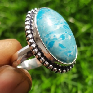 Natural Larimar Ring, Ethnic Jewelry Handmade Gemstone Ring, Vintage Jewelry Ring, 925 Sterling Silver Plated Jewelry, Size US 7.5
