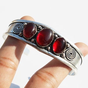 Natural Red Garnet Bangle , Gemstone Bangle , Ethnic Cuff Bracelet , Adjustable Bangle , 925 Sterling Silver Plated Jewelry