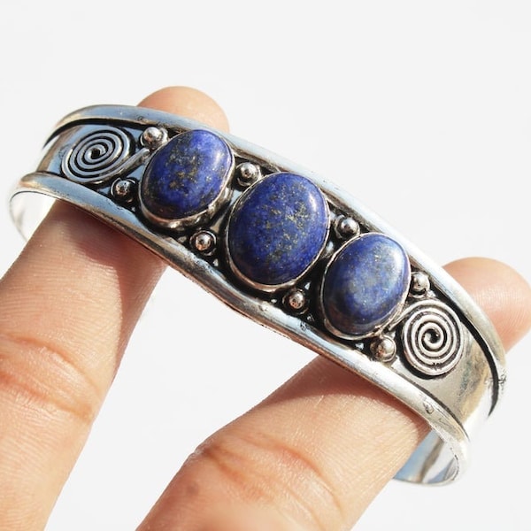Natural Lapis Lazuli Bangle , Gemstone Bangle , Ethnic Cuff Bracelet , Adjustable Bangle , 925 Sterling Silver Plated Jewelry