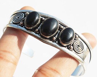 Natural Black Onyx Bangle , Gemstone Bangle , Ethnic Cuff Bracelet , Adjustable Bangle , 925 Sterling Silver Plated Jewelry