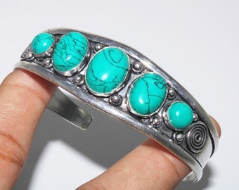 Natural Turquoise Bangle , Gemstone Bangle , Ethnic Cuff Bracelet , Adjustable Bangle , 925 Sterling Silver Plated Jewelry