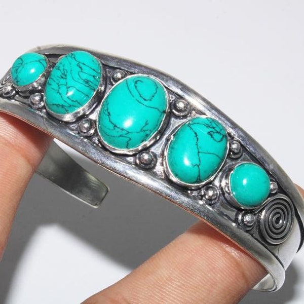 Natural Turquoise Bangle , Gemstone Bangle , Ethnic Cuff Bracelet , Adjustable Bangle , 925 Sterling Silver Plated Jewelry