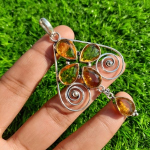 Natural Citrine Pendant , Designer Pendant , Antique Pendant , Ethnic Pendant , 925 Sterling Silver Plated Jewelry Size 3.3&quot;, christmas gift