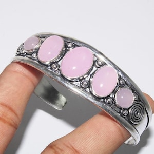 Natural Rose Quartz Bangle , Gemstone Bangle , Ethnic Cuff Bracelet , Adjustable Bangle , 925 Sterling Silver Plated Jewelry