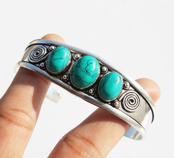 Natural Turquoise Bangle Gemstone Bangle Ethnic Cuff Bracelet  Adjustable Bangle 925 Sterling Silver Plated Jewelry - Main Image
